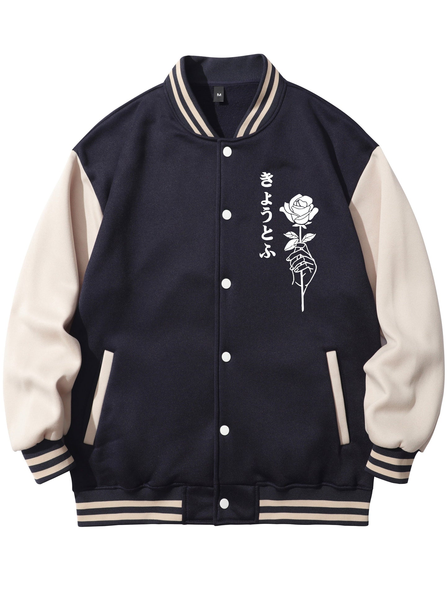 Chainaxe Rose Design Unisex Baseball Jacket with Fleece Lining