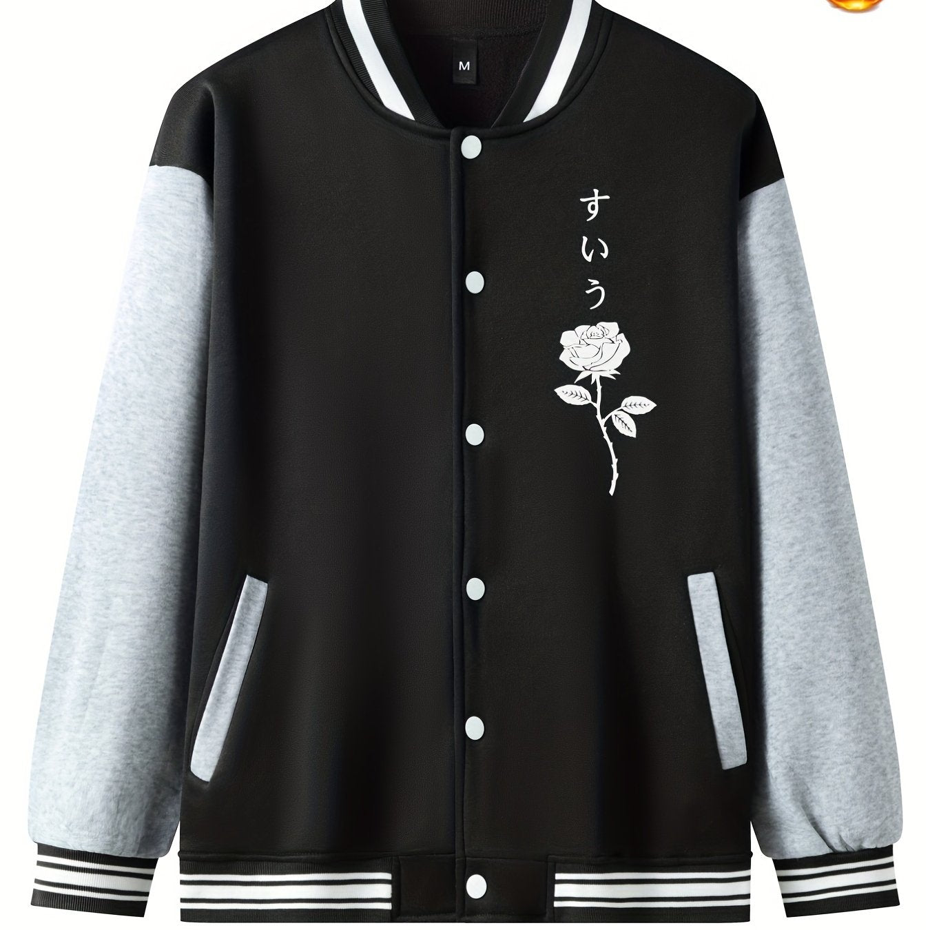 Chainaxe Rose Design Unisex Baseball Jacket with Fleece Lining